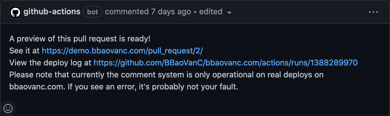 Comment from GitHub Actions that links to the pull request preview.